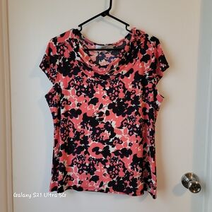 Kasper Pink and Black Floral Cowl Neck Blouse